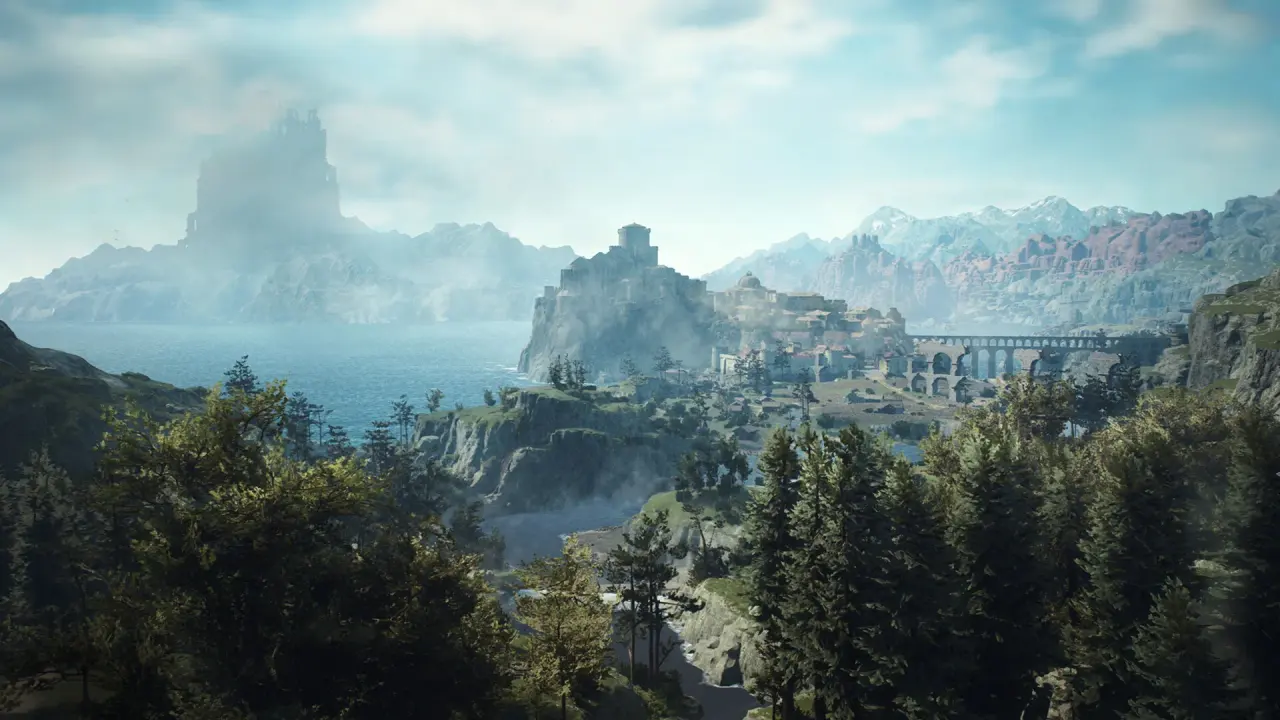 Coastal city on a cliff above the sea, with an aqueduct and a distant fortress.