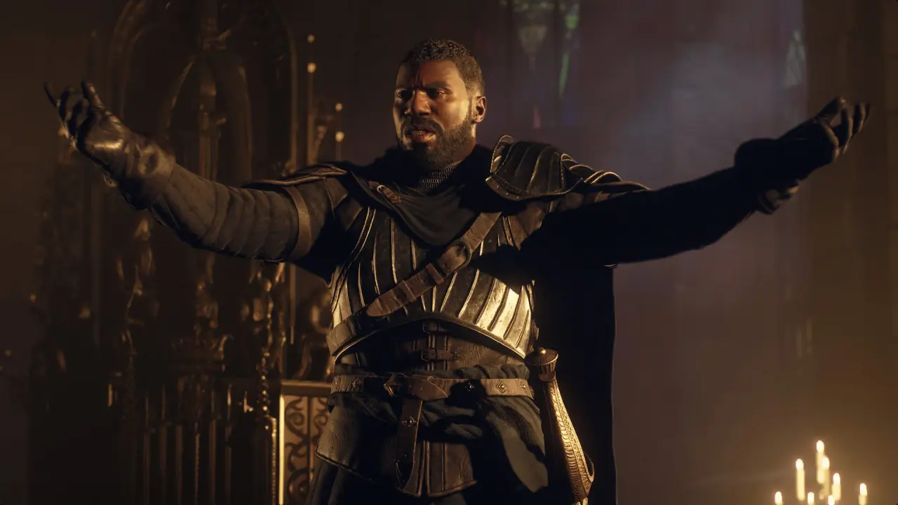 An armored character spreads his arms in a candlelit stone chamber.