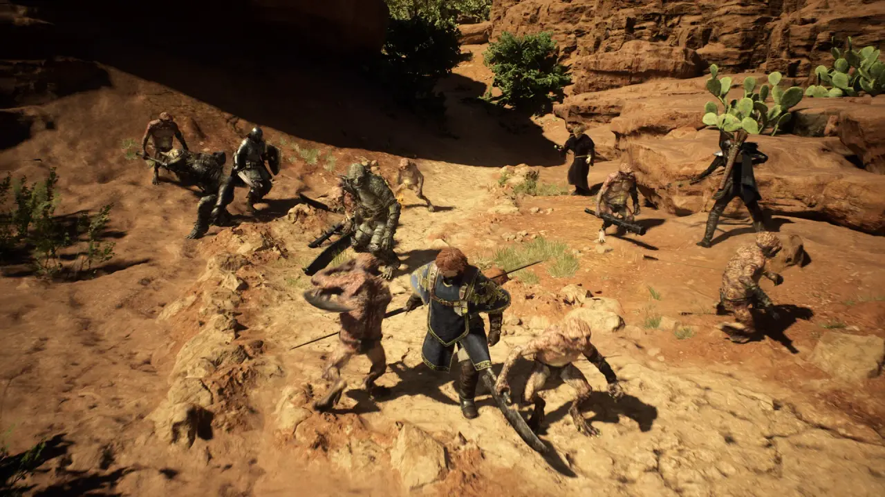A party fights small enemies on a sunlit sandstone path.