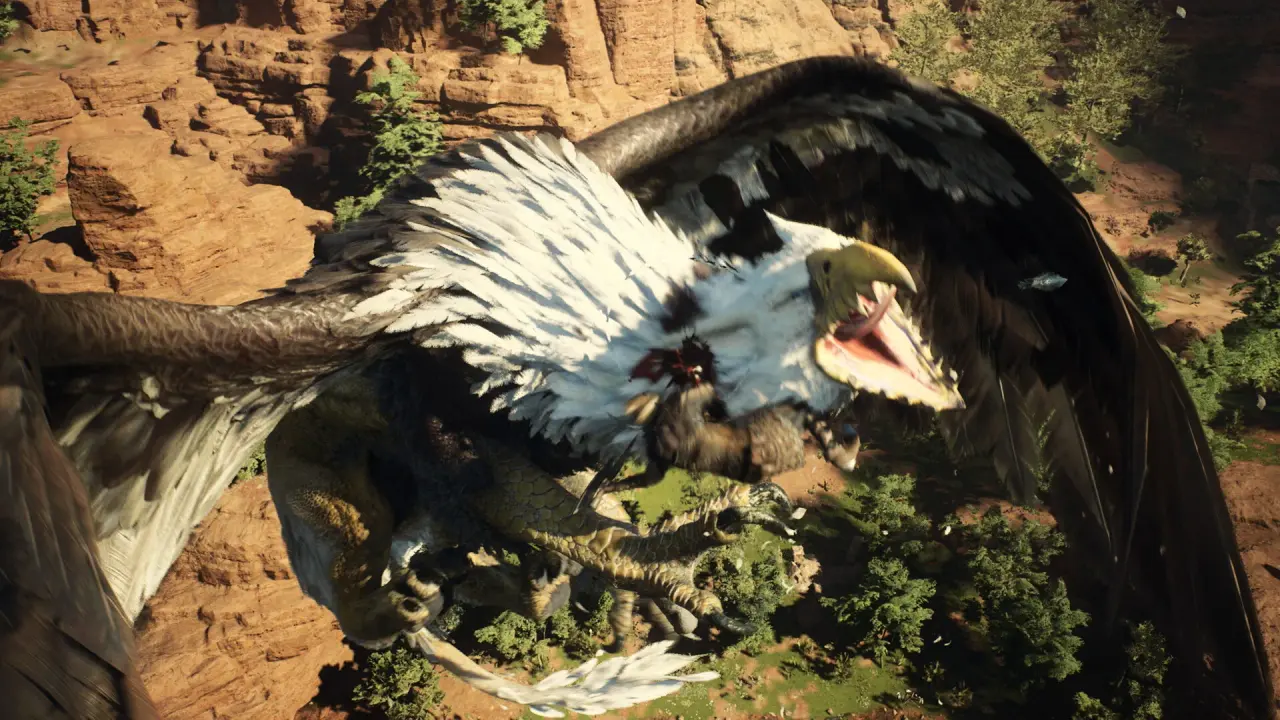 A griffin spreads its wings beside a party in a desert canyon.