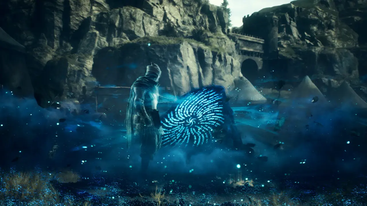 Blue spectral figures and glowing smoke fill a ruined courtyard.