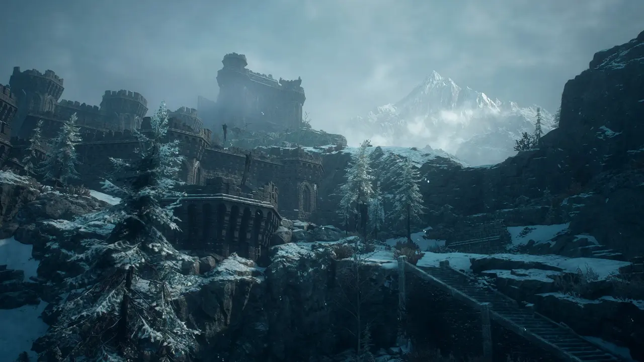 Snow-covered fortress and a stone bridge in a mountain region from the Dark Arisen expansion.