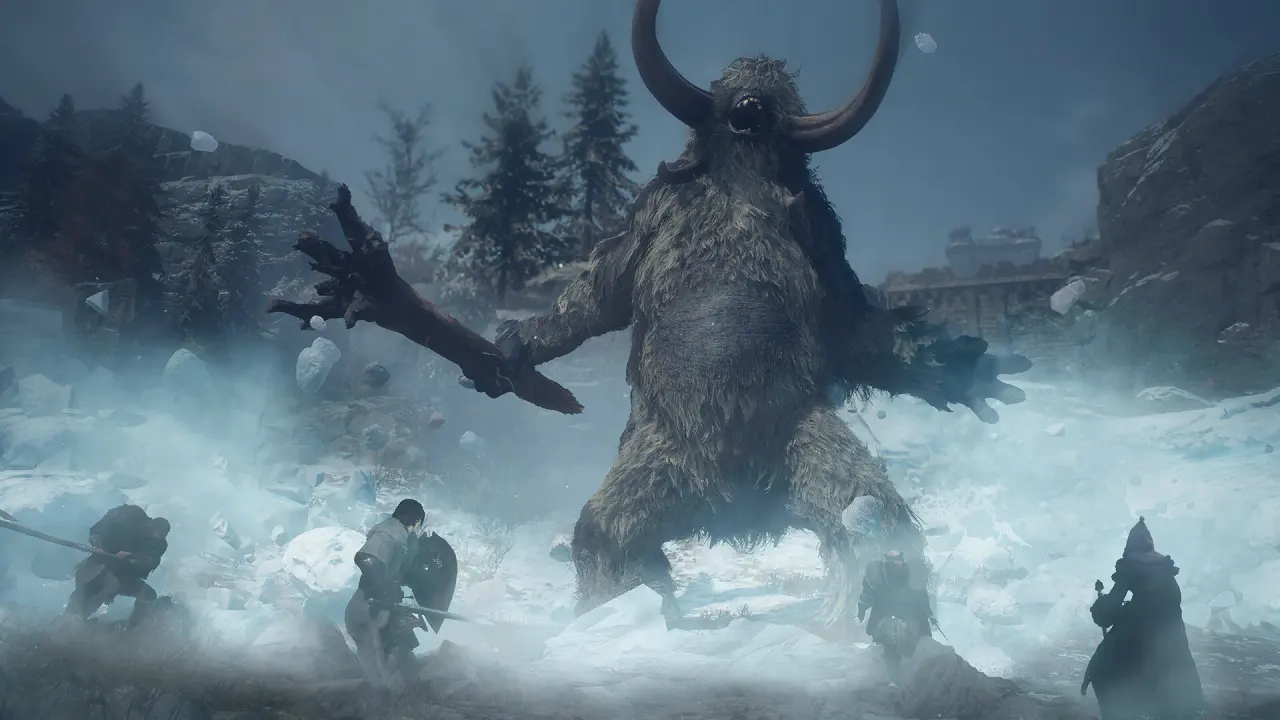 A horned giant towers over a party fighting in the snow.