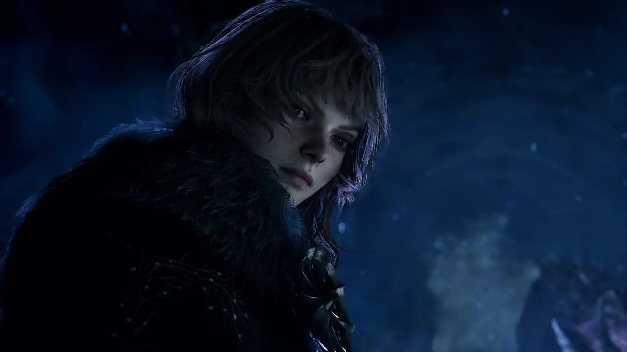 A pale, dark-haired character looks back in a blue-lit scene.