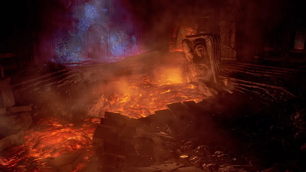 Molten lava lights a stone passage deep inside a dungeon.
